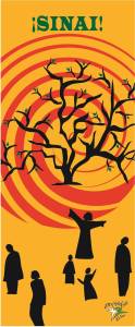 Image for the 2015 NT-NL Mission Assembly: ¡SINAI! Image description: yellow background, several black silhouette figures wander around a tree; behind the tree a large red swirl represents fire/the sun. On the top of the image is the word "¡SINAI!" in green letters.