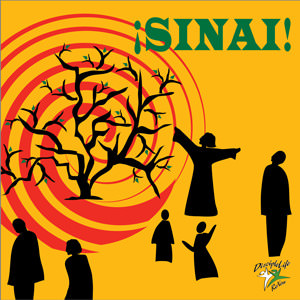 Several black silhouetted figures wander on a yellow background. On the top right corner is a tree with mostly bare branches, and a red swirl, representingfire, behind it. Two of the figures are turned toward the tree. 