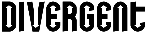 The word "DIVERGENT" is written in all caps, black text on white background; the font has arrows in the negative space of the letters with the arrows pointing in different directions.