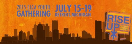 Minimalist, stylized drawing of the Detroit skyline, dark buildings against an orange background. Purple text across the top reads: "2015 ELCA Youth Gathering | July 15-19, Detroit, Michigan." The Rise Up  Youth Gathering logo appears on the bottom right corner of the banner.