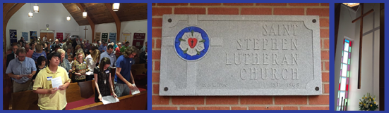 [Image description: three photographs: the first on the left shows members of St. Stephen's Lutheran Church in Shreveport during workship; the middle photograph is of a stone plaque on a brick wall, with the Luther Rose in the center of a cross and the words "Saint Stephen Lutheran Church" carved next to the cross. The third photograph is of a cross hanging in the sanctuary of St. Stephen, next to a stained glass window. There is a basket of flowers below the cross.]