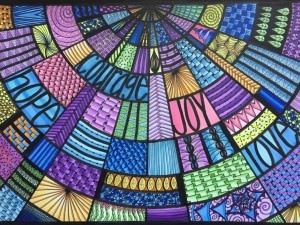 [Image description: tiled mosaic or zentangle-style drawing colored in shades of blue, purple, green, and yellow. The words "courage," "joy," "love," and "hope" can be seen in some of the squares.]