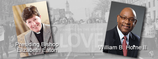 Background image: black and white photograph of people carrying a large banner at a march. The banner reads "Standing on the side of LOVE." On the left side of the image is a color photograph of ELCA Presiding Bishop Elizabeth Eaton, a white woman wearing a black cleric collar under a grey blazer. On the right side of the image is a color photograph or William B. Horne II, a Black man, bald and with glasses, wearing a dark suit and a red tie.
