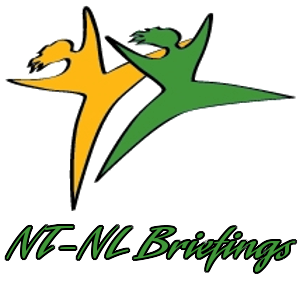Logo: two abstract figures, one yellow, one green, dancing with their arms spread out. Underneath the figures, the text, in green, reads: NT-NL Briefings.