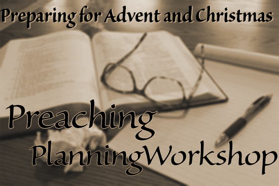 Preparing for Advent and Christmas: Preaching Planning Workshop [Image description: sepia-toned, slightly blurred image of an open Bible with a pair of eyeglasses resting on it, a legal pad and a pen, and a couple of crumpled sheets of paper, on a desk.]